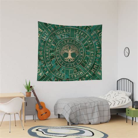 Tree Of Life Yggdrasil And Futhark Malachite Tapestry For Sale By