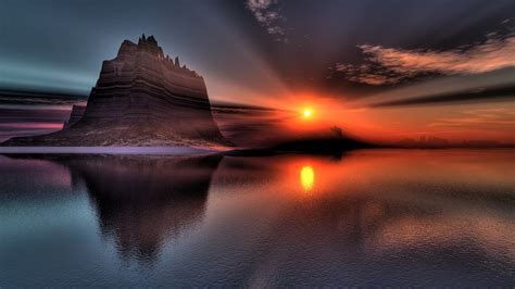 Wallpaper Beautiful Scenery Sunset Lake Rock Hill Reflection