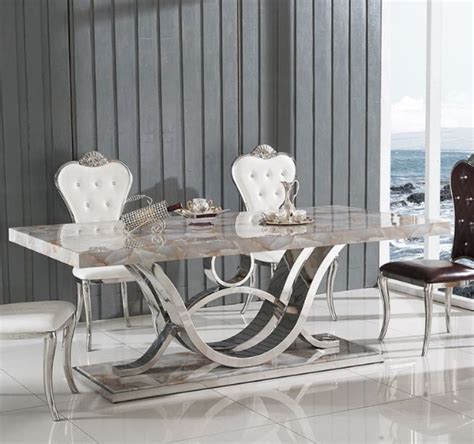 Exquisite Marble Dining Table With Six Leather Chairs Glass Dining