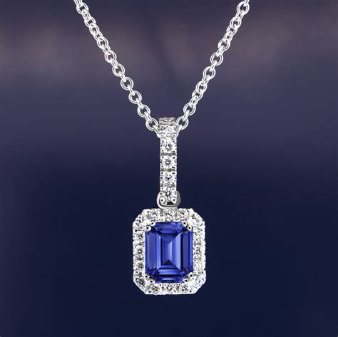 Carat Emerald Shape Genuine Blue Sapphire Diamond Halo Necklace Pendant Sarkisians Jewelry