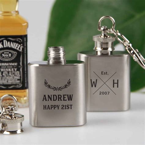 Engraved Birthday Silver Mini Hip Flask Keyring Personalised Favours