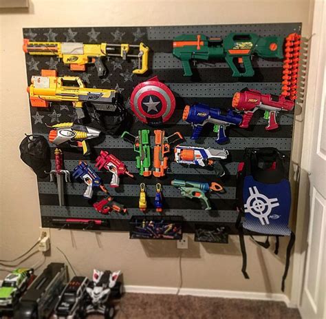 We also have custom panel sizes that allow for vertical wall mount gun racks or a horizontal gun rack design. American flag Nerf gun rack | Nerf gun storage, Kids room ...