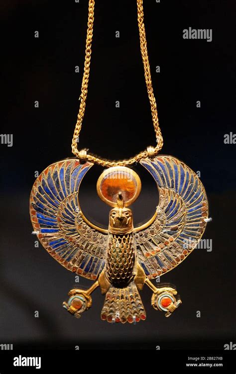 Tutankhamun Treasures Gold Inlaid Falcon Chest Pendant With Gold Chain Jewellery From