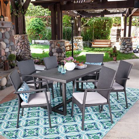 Outdoor 7 Piece Wicker Dining Set Grey With Grey Cushions Nh037403