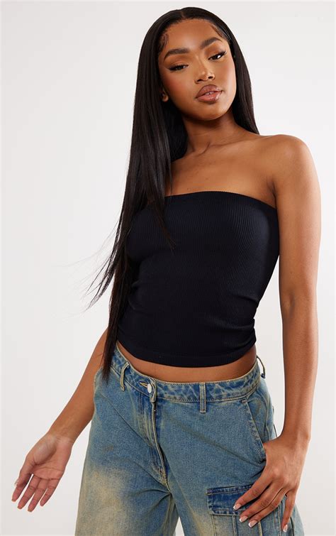 Black Snatched Rib Tube Top Tops Prettylittlething Ca