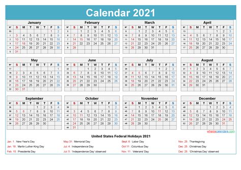 The year 2021 is a common year, with 365 days in total. 2021 Calendar with Holidays Printable Word, PDF | Free ...