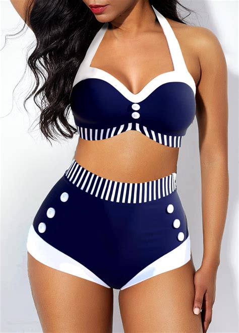 Nautical High Waisted Stripe Print Navy Blue Bikini Set Rosewe Com