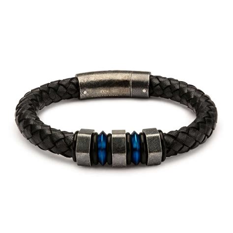 Inox Inox Mens Black Leather Bracelet With Blue Ip And Gray Beads 8 1