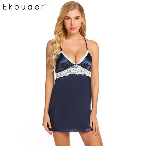 Ekouaer Women Slip Nightdress Sleepshirts Spaghetti Straps Backless Lace Trim Sleeveless Sexy