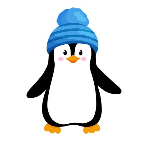 Vector Illustration Of Cute Little Penguin In Blue Hat Isolated On