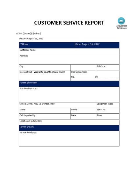 Kostenloses Customer Service Report Template