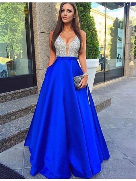 Blue Satin Prom Dress With Pockets Spikemoms