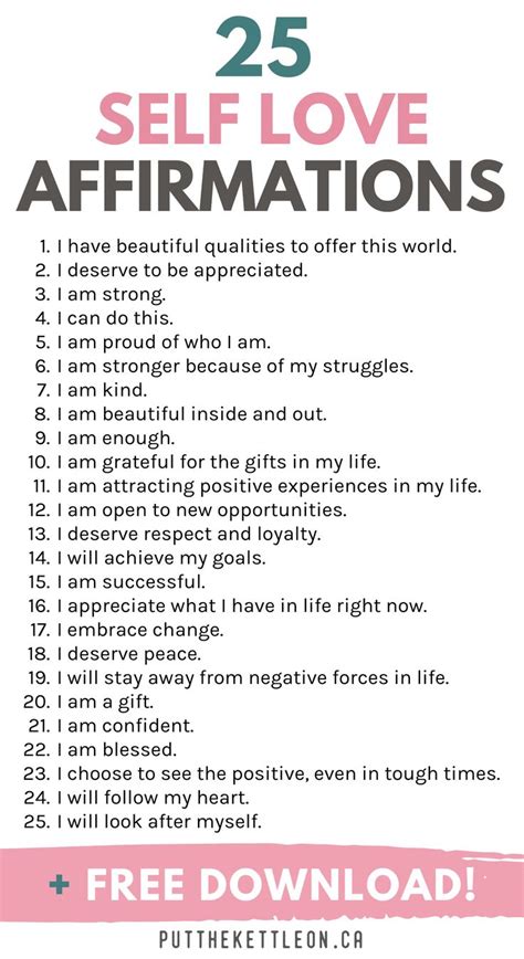 The Self Love Affirmations List Is Shown In Pink And White With