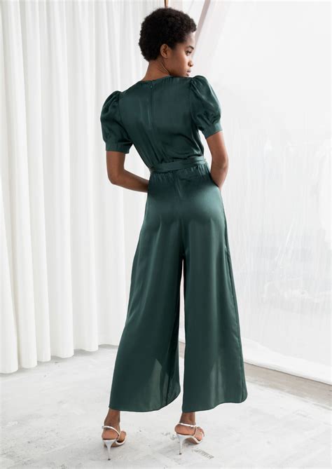 puff sleeve silk jumpsuit emerald jumpsuits and playsuits and other stories