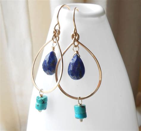 Lapis Lazuli And Turquoise Gold Filled Dangle Hoops Earrings Gold