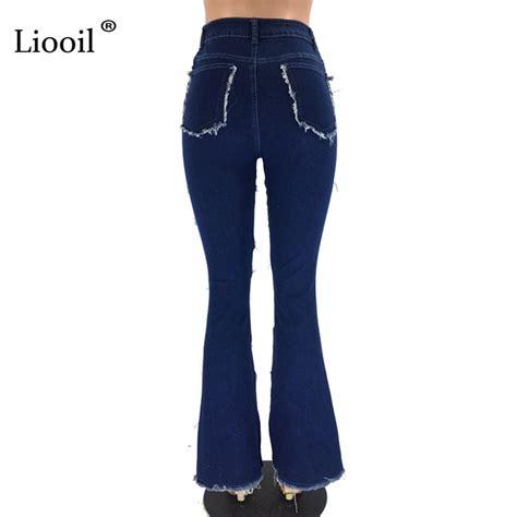 Liooil Color Block High Waist Flare Jeans With Pockets Streetwear Sexy Trousers Bell Bottoms