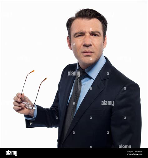 Man Businessman Nearsighted Holding Glasses Isolated Studio On White