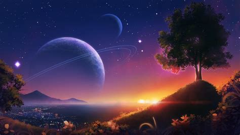Wallpaper Anime Night Scene Planets Sky Stars Scenic Wallpapermaiden