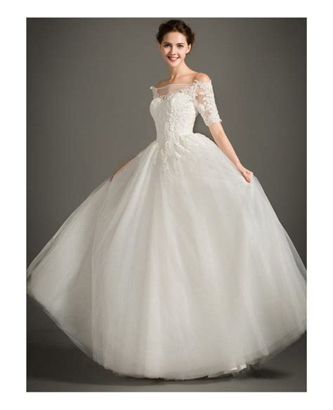 Modest A Line Off The Shoulder Floor Length Lace Tulle Wedding Dress