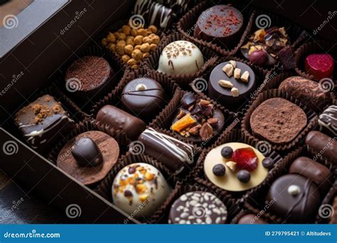 Box Of Rich And Decadent Chocolates With Variety Of Sweet Treats Stock