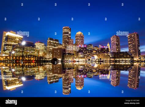 Boston Skyline Reflection From Downtown Harborwalk Stock Photo Alamy