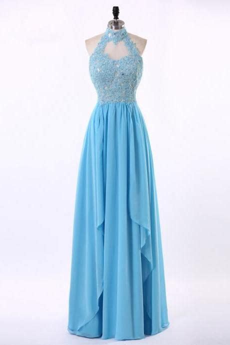 Sky Blue Chiffon High Neck Backless Long Sheath Lace Blue Lace Prom Dress Lace Prom Gown