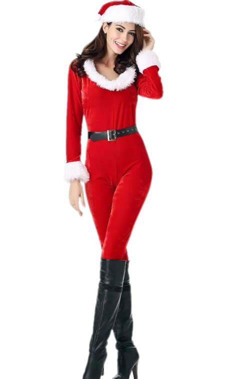 Adult Sexy Long Sleeve Red Santa Catsuit Sexy Red V Neck Christmas Costumes For Women In Sexy