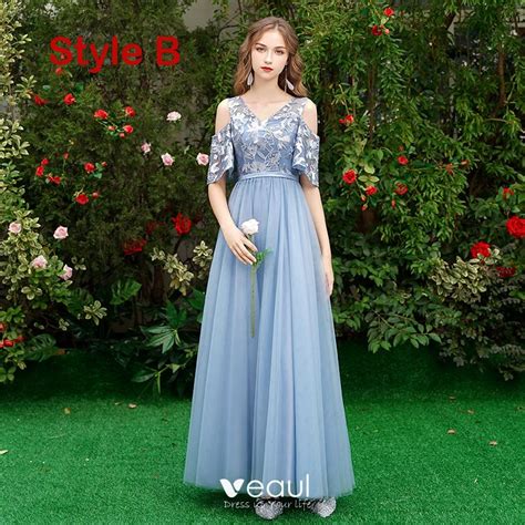 Discount Sky Blue Bridesmaid Dresses 2019 A Line Princess Sash