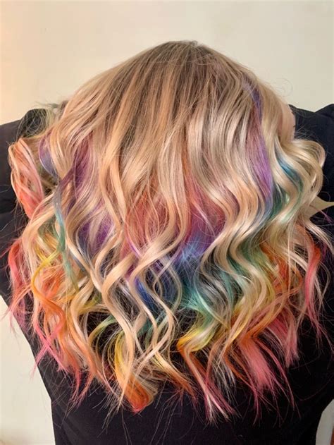 Blonde Rainbow Hair In 2022 Rainbow Hair Peekaboo Hair Dyed Hair
