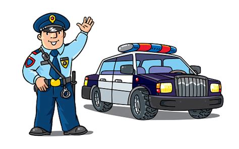 Policeman In Uniform And Police Car Cartoon Set Stock