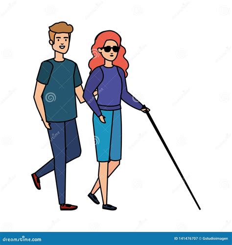 Blind Woman With Walking Stick And Helper Stock Vector Illustration