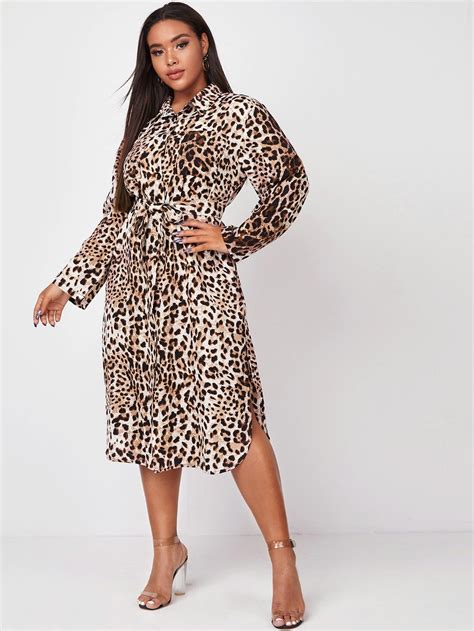 Plus Leopard Print Belted Shirt Dress Shein Usa Dresses Belted