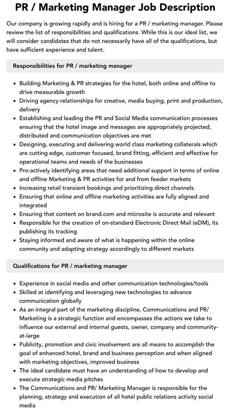 Pr Marketing Manager Job Description Velvet Jobs