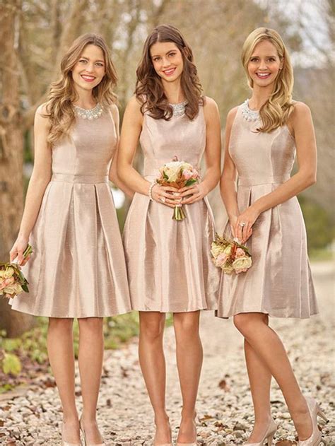 Champagne Fit And Flare Short Bridesmaid Dress With Pearlbridesmaiddre
