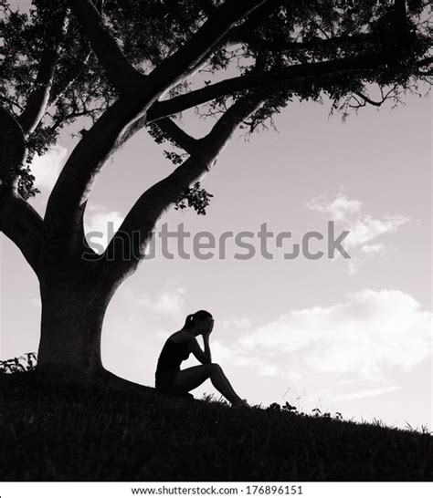 Silhouette Sad Woman Sitting Under Tree Stock Photo Edit