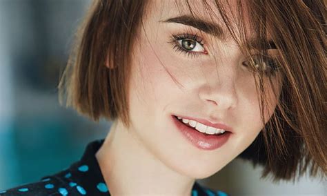 Hd Wallpaper Woman Short Hair Smiling Portrait Photo Lily Collins Women Wallpaper Flare