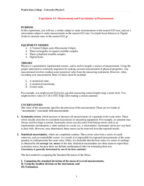 Pdf Experiment A1 Measurements And Uncertainties In Measurements