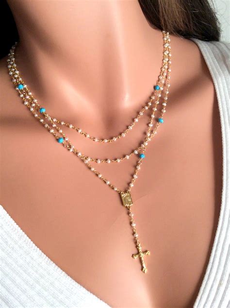 Pearl Rosary Necklace Turquoise Gemstone Layer Freshwater Etsy