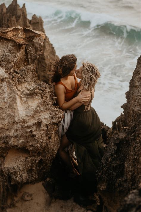 Kauai Engagement Photos Beach Cliff Rocks Lgbtq Cute Lesbian Couples Photo Lesbian Couple