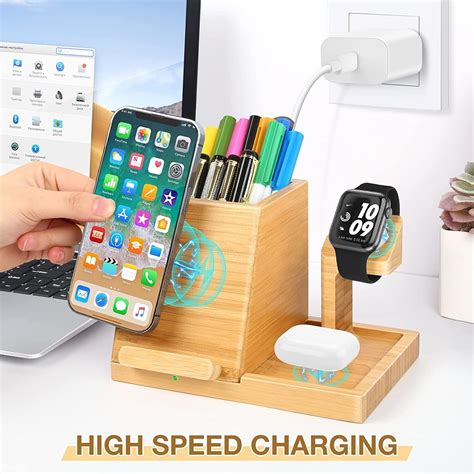 Bamboo Wireless Charging Station 3 In 1 Charging Dock With Pen Cup