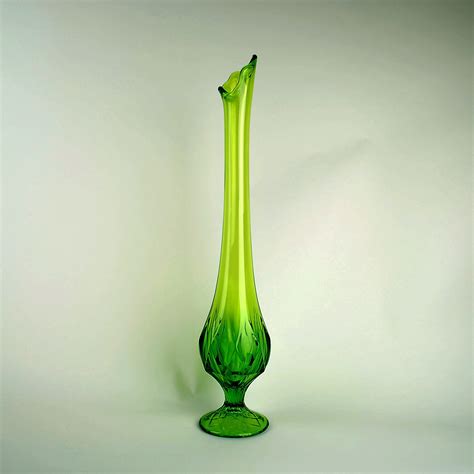Vintage Green Swung Glass Vase Tall Footed Mid Century