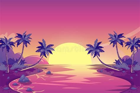 Tropical Summer Sunset Vector Cartoon Island Landscape Illustration