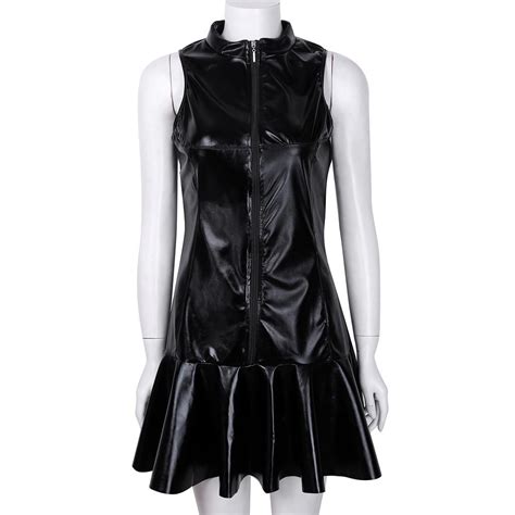 cheap ladies fashion dress pu leather high collar sleeveless bottom flare mini dress clubwear joom