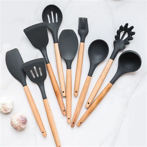 1pc Food Grade Silicone Wood Handle Cooking Utensils Cookware Kitchen