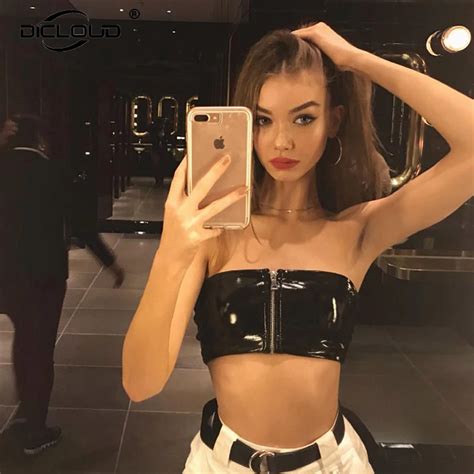 Sexy Tube Tops Women Black Pu Leather Cropped Bandeau 2018 Summer Strapless Crop Tops Stretch
