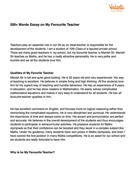 My Favourite Teacher Essay In English For Students And Children Studocu