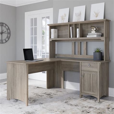 Salinas 60w L Shaped Desk With Hutch In Driftwood Gray Engineered