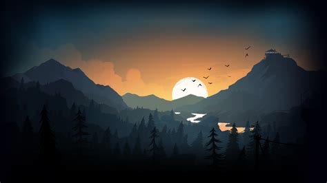 2560x1440 Firewatch Sun Trees Mountains Birds Lake Evening 1440p