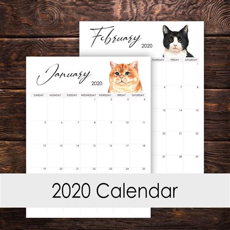 2020 Calendar Printable 12 Months Vertical Layout Watercolor Cats Lover