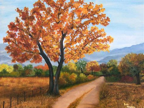 Autumn Tree Country Road Painting By Ruth Housley